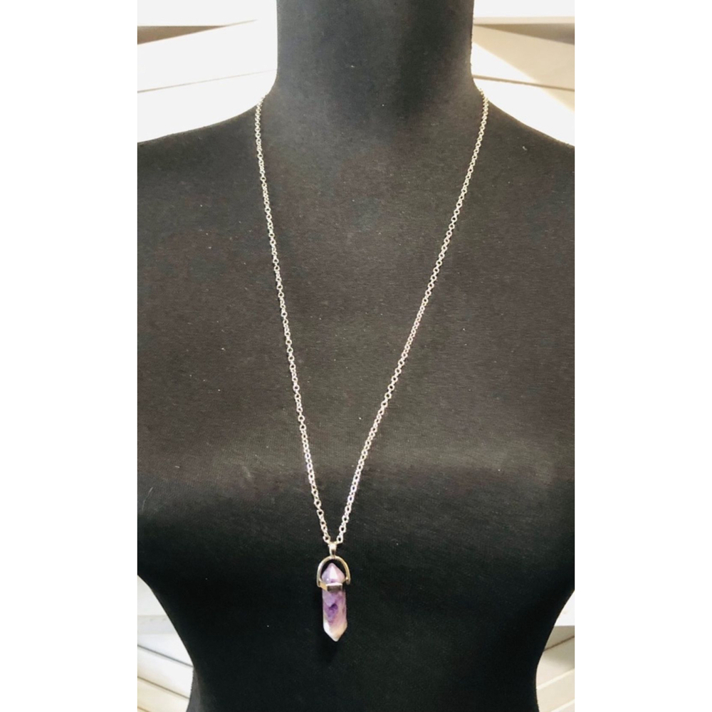 Stone Hexagon Pendant Necklace Silver Chain